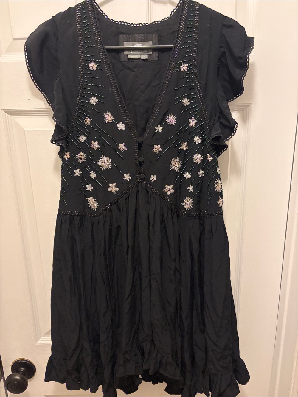 Anthropologie V-Neck Sequin Deco Swing dress size small black